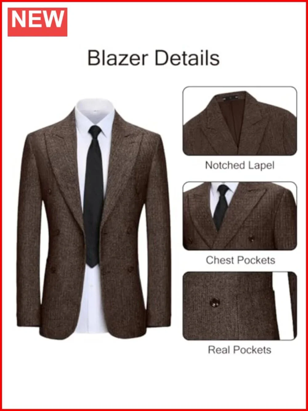 Mens Tweed Herringbone Blazer Double Breasted Sport Coat Winter Business